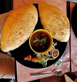 High angle view of breakfast served on table