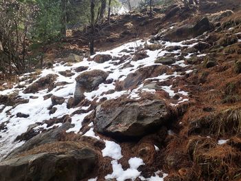 Scenic view of snow on rock during winter