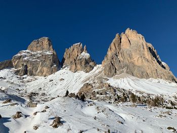 Scenic view of snowcapped mountains against clear blue sky