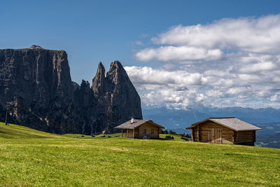 Houses on field against sky