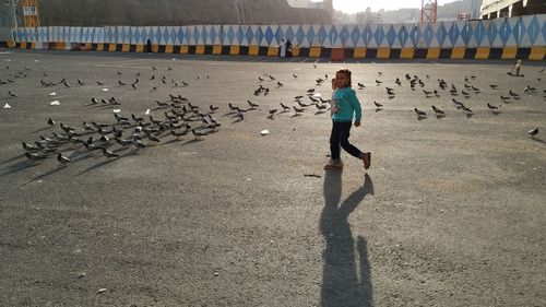 Siblings walking by pigeons on road 