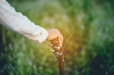 Cropped hand of man holding guitar in park