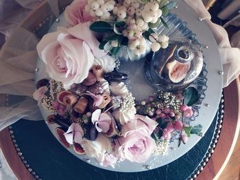 High angle view of rose bouquet on table