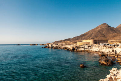 Scenic view of sea against clear blue sky