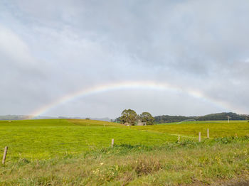 Scenic view of field against rainbow in sky