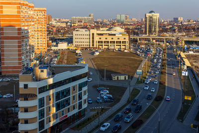 High angle view of street amidst buildings in city