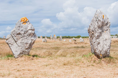 Panoramic shot of rock on field against sky