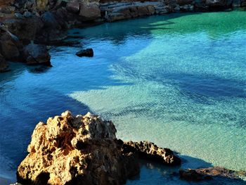 High angle view of rock formation in sea