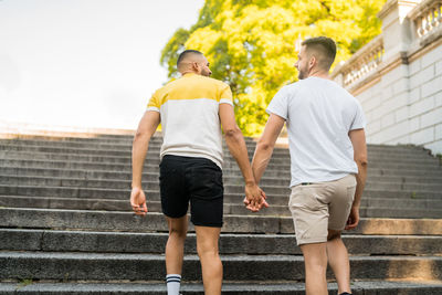 Rear view of gay couple climbing on steps