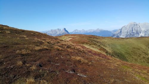 Scenic view of landscape against clear blue sky