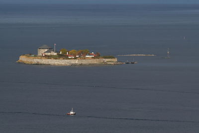 High angle view of sailboat sailing on sea