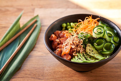 High angle view of food in bowl on table