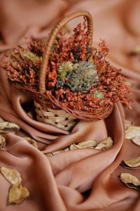 High angle view of flower bouquet in basket