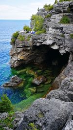 Rock formation by sea against sky