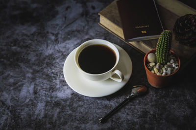 High angle view of coffee on table