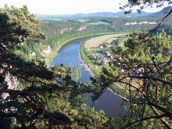 Scenic view of river amidst trees against sky