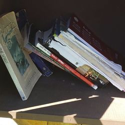 High angle view of books on table