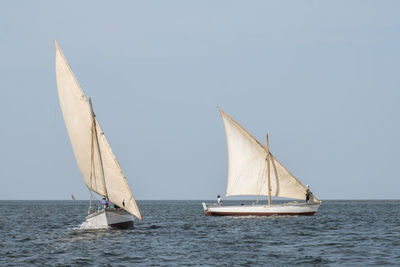 Sailboat sailing on sea against clear sky