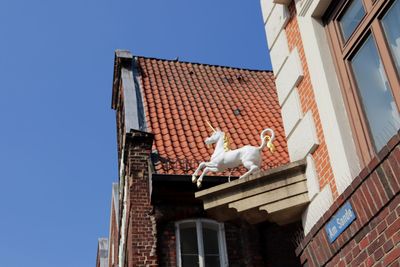 Low angle view of bird perching on building against sky