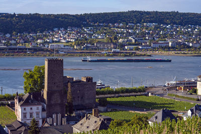 High angle view of townscape by river against buildings