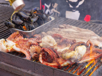 Close-up of seafood on barbecue grill