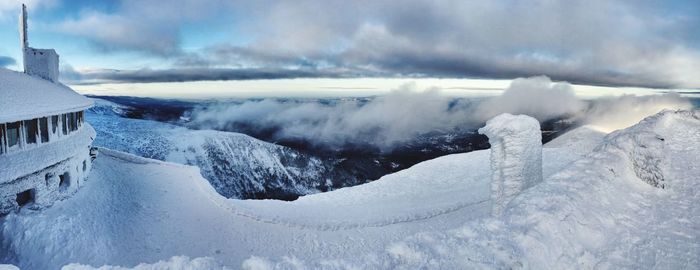 Snow covered landscape against sky