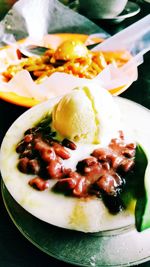 Close-up of served ice cream in plate