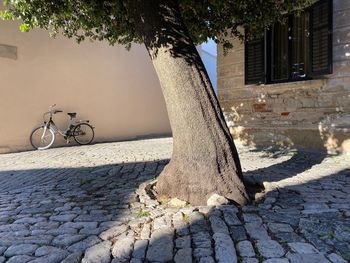 Bicycle on footpath by street against buildings