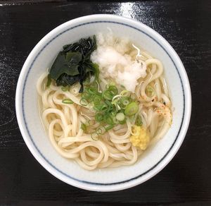 High angle view of soup served in bowl