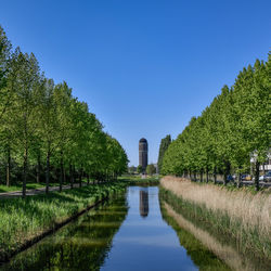 Scenic view of lake against clear blue sky