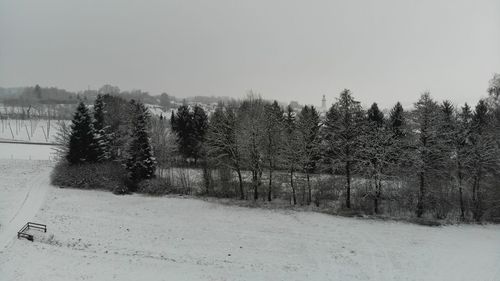 Trees on snow covered landscape against clear sky