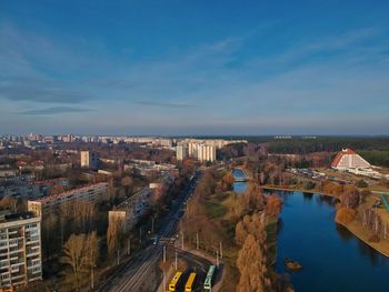 High angle view of river amidst buildings in city