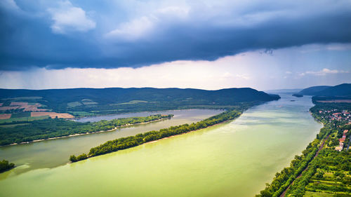 Aerial view of danube river near visegrad hungary. rain stormy weather danube river valley panorama.