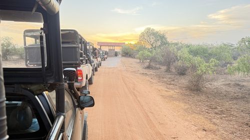 Scenic view of agricultural field against sky during sunset