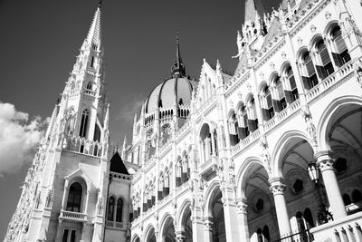 Low angle view of hungarian parliament building in city