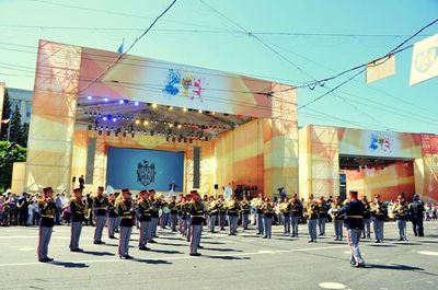 People in front of building