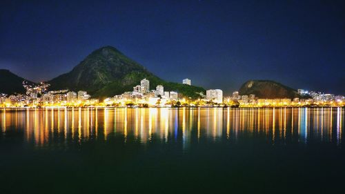 Lake by illuminated city against clear sky at night