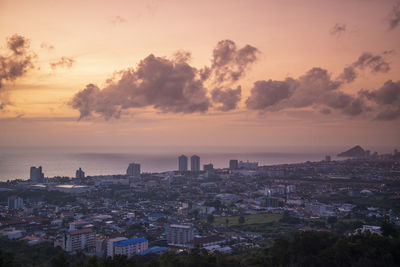 High angle view of townscape against sky during sunset