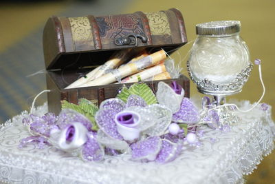 Close-up of flowers on table