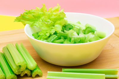Close-up of salad in bowl on table