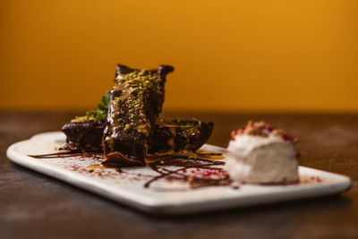 Close-up of cake in plate on table