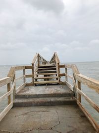 Wooden pier on beach against sky