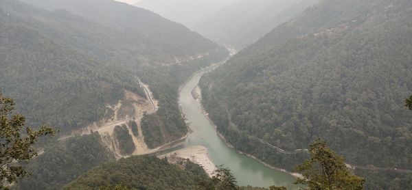 High angle view of trees and mountains