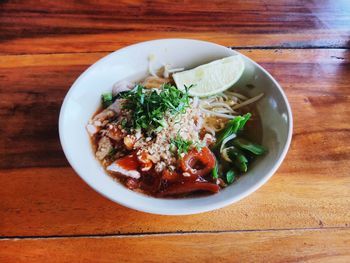 High angle view of meal served in bowl on table