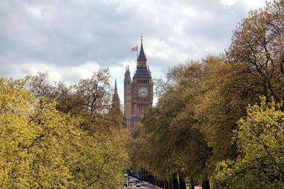 Low angle view of trees and building against sky