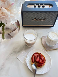 High angle view of breakfast on table