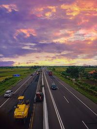 High angle view of highway against sky during sunset