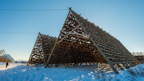 Low angle view of snow covered field against clear sky