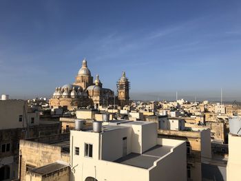 High angle view of buildings against sky