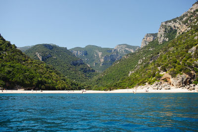 Scenic view of sea against clear blue sky